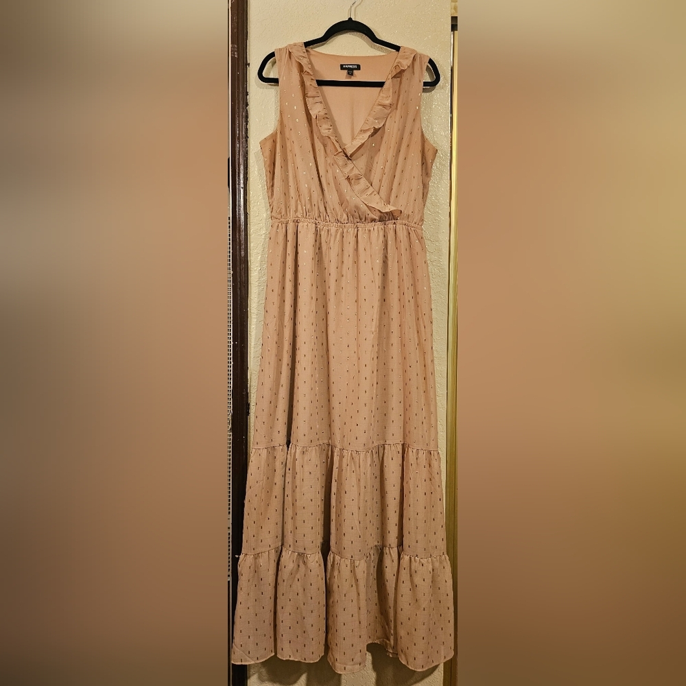 Express Tan V-Neck Dress with Gold  Design Size Large